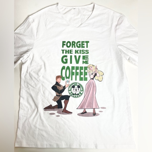 NEW Sleeping Beauty Coffee Tee Funny Size L  White Short Sleeve Disney V-Neck - Picture 1 of 11